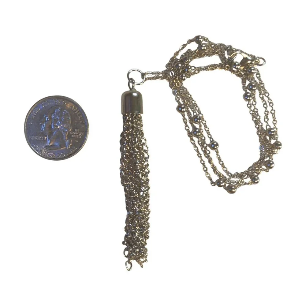 Silver Long Necklace Tassel Chain Pendant and Chain with Silver Beads 28 inches